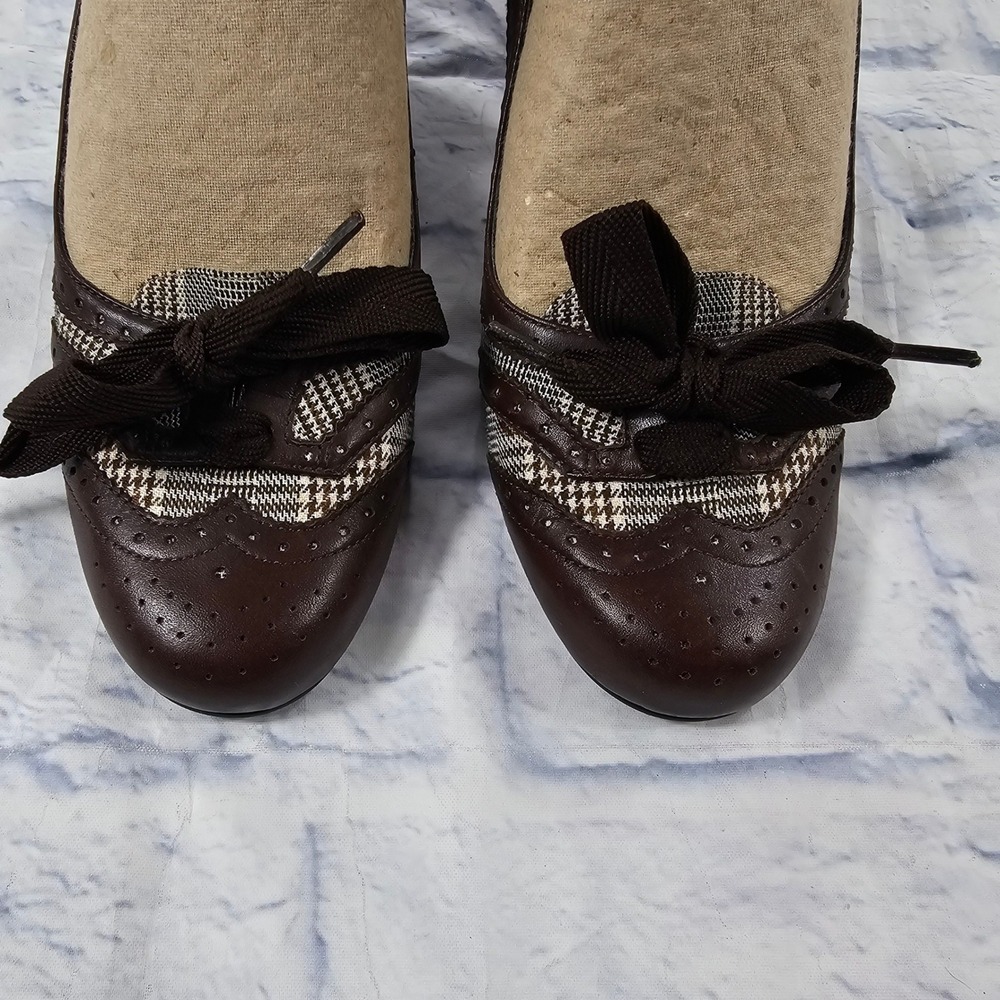 Franco Sarto Halley Heels Women 9 Brown Plaid Wingtip Block Pump Bow Academia - Picture 5 of 14